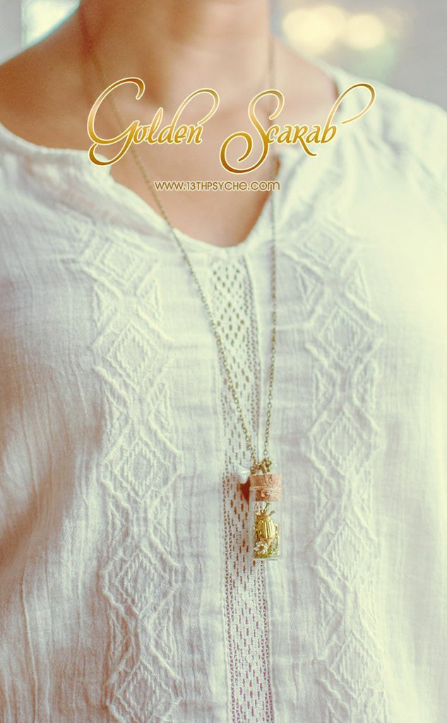 Handmade Golden beetle bottle pendant necklace - 13th Psyche