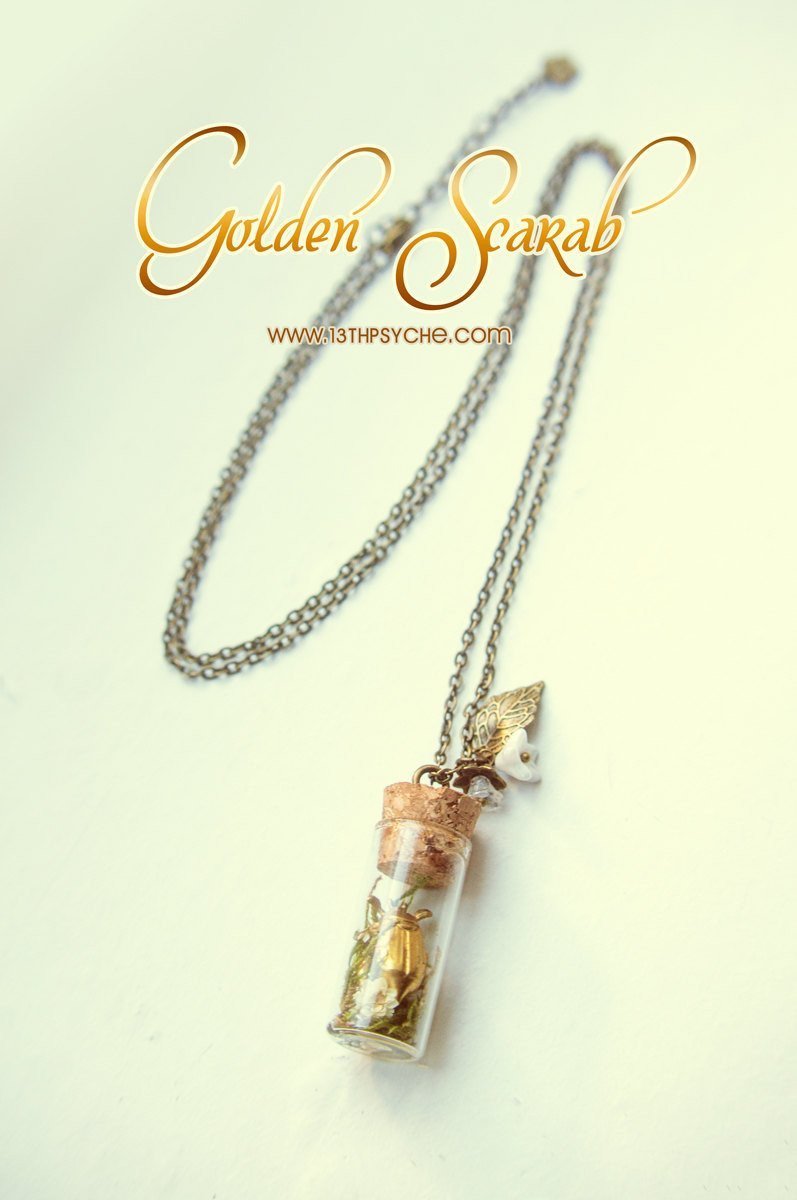 Handmade Golden beetle bottle pendant necklace - 13th Psyche