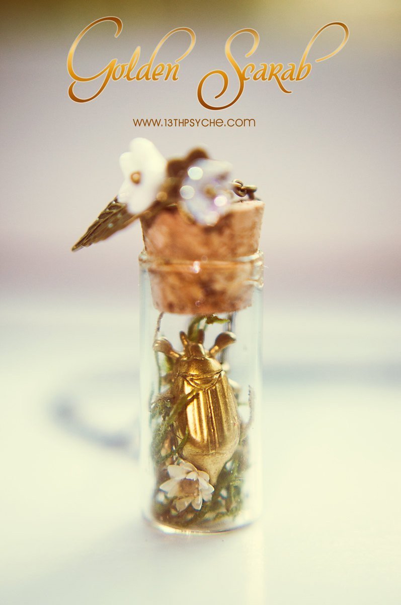 Handmade Golden beetle bottle pendant necklace - 13th Psyche