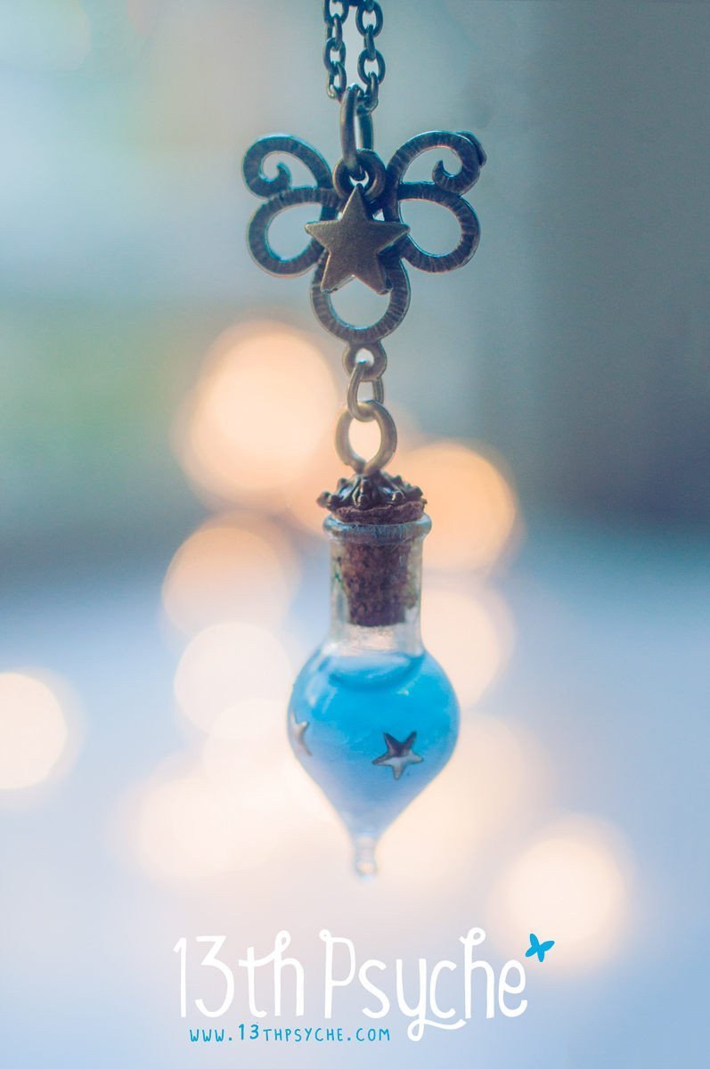 Handmade Glow in the dark blue teardrop vial pendant necklace - 13th Psyche