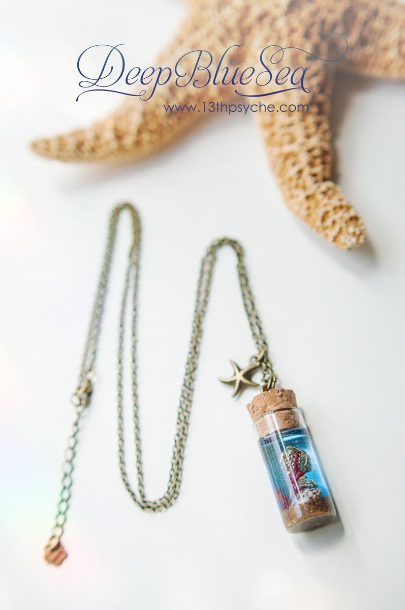 Handmade Ocean and golden fish Bottle pendant necklace - 13th Psyche