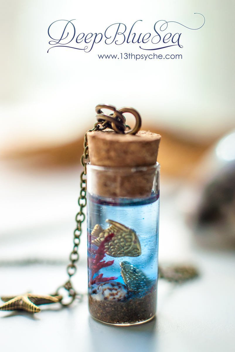 Handmade Ocean and golden fish Bottle pendant necklace - 13th Psyche