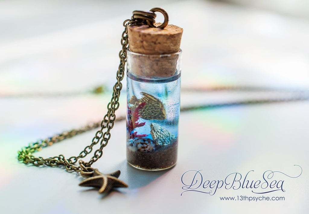 Handmade Ocean and golden fish Bottle pendant necklace - 13th Psyche