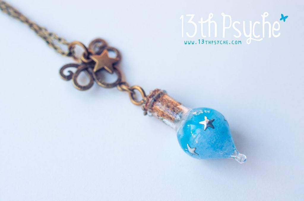 Handmade Glow in the dark blue teardrop vial pendant necklace - 13th Psyche