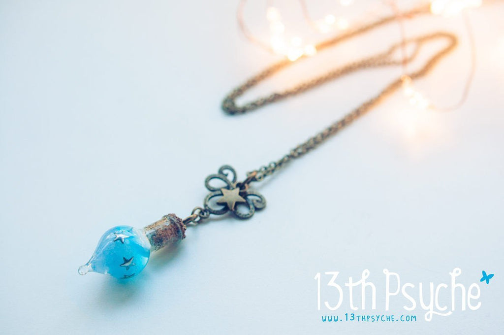 Handmade Glow in the dark blue teardrop vial pendant necklace - 13th Psyche