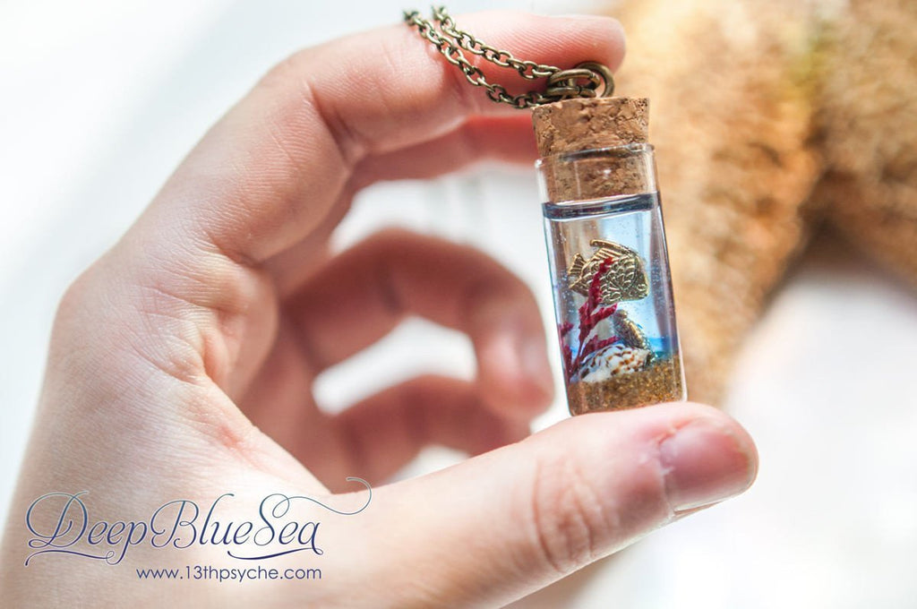 Handmade Ocean and golden fish Bottle pendant necklace - 13th Psyche
