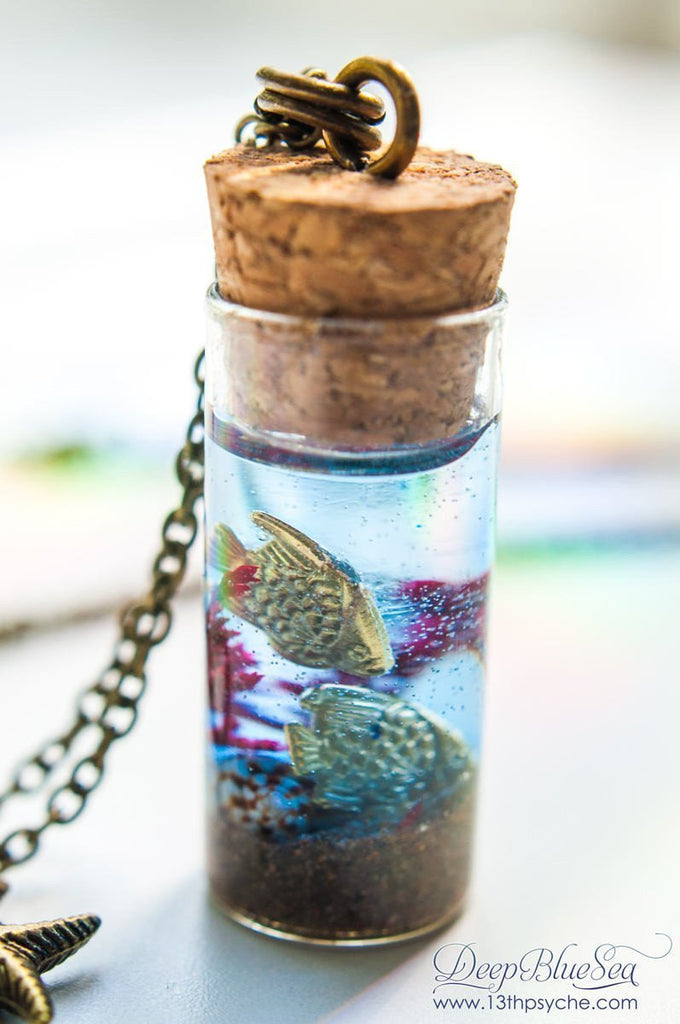 Handmade Ocean and golden fish Bottle pendant necklace - 13th Psyche