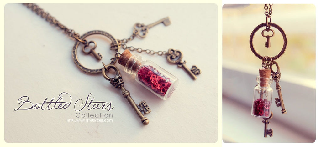 Handmade Skeleton keys glass bottle vial pendant necklace - 13th Psyche