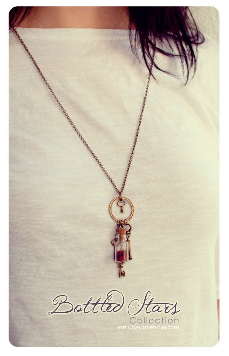 Handmade Skeleton keys glass bottle vial pendant necklace - 13th Psyche