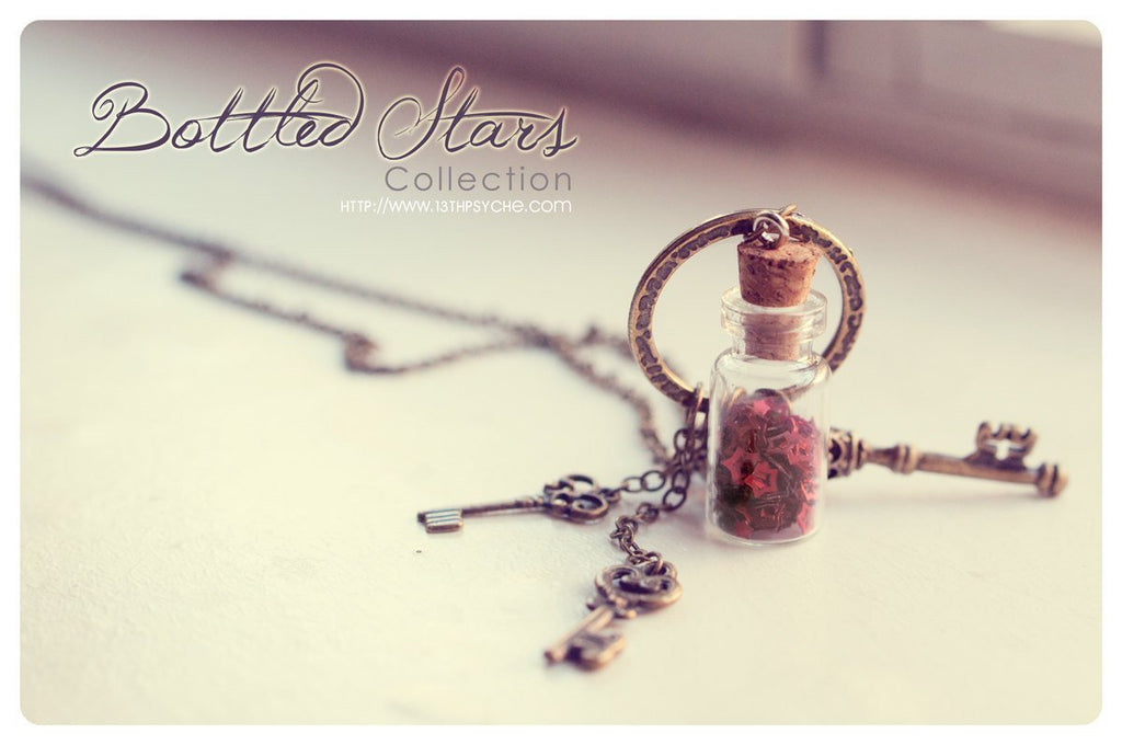 Handmade Skeleton keys glass bottle vial pendant necklace - 13th Psyche