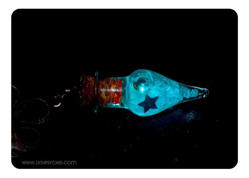 Handmade Glow in the dark blue teardrop vial pendant necklace - 13th Psyche