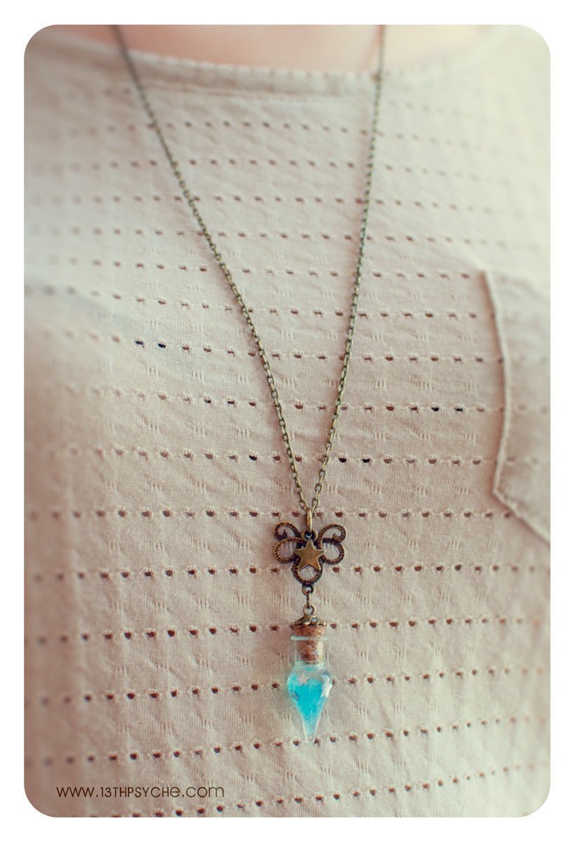 Handmade Glow in the dark blue teardrop vial pendant necklace - 13th Psyche