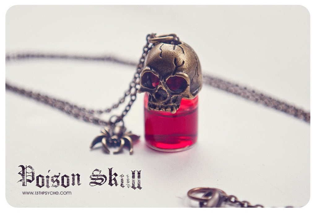 Handmade Gothic skull poison glass bottle pendant necklace - 13th Psyche