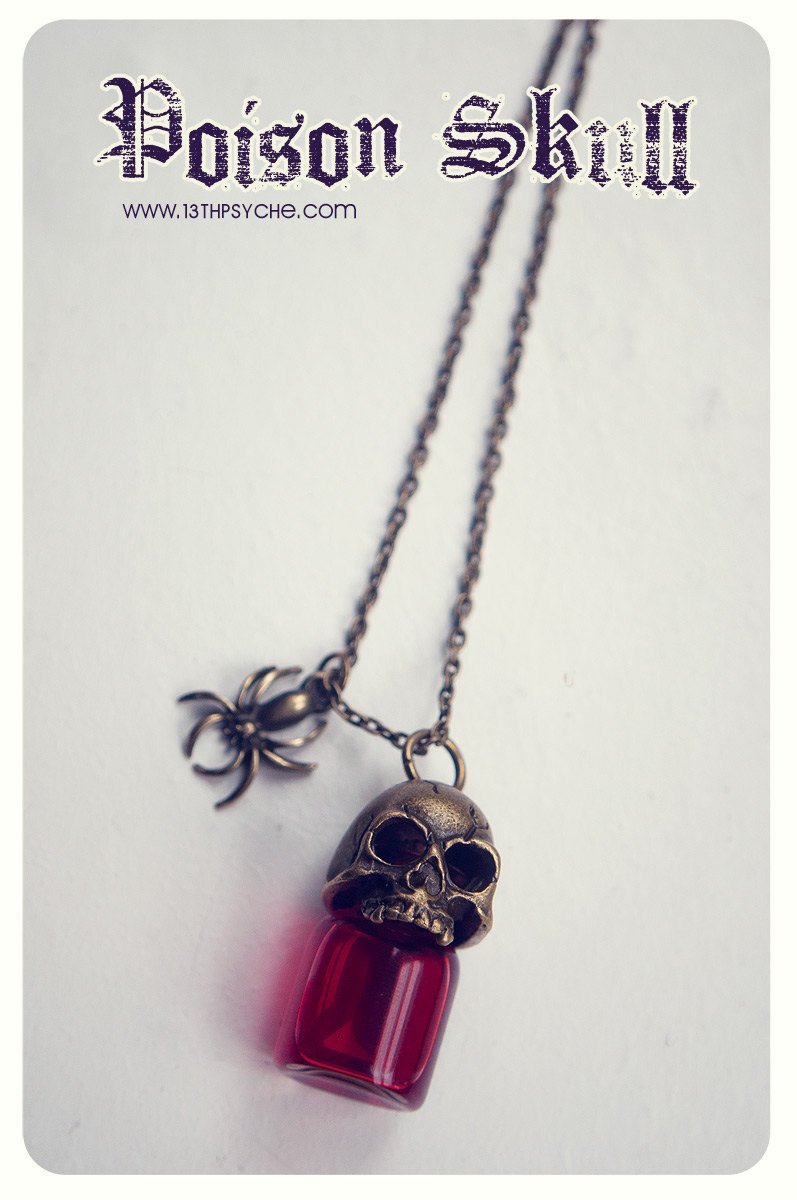 Handmade Gothic skull poison glass bottle pendant necklace - 13th Psyche