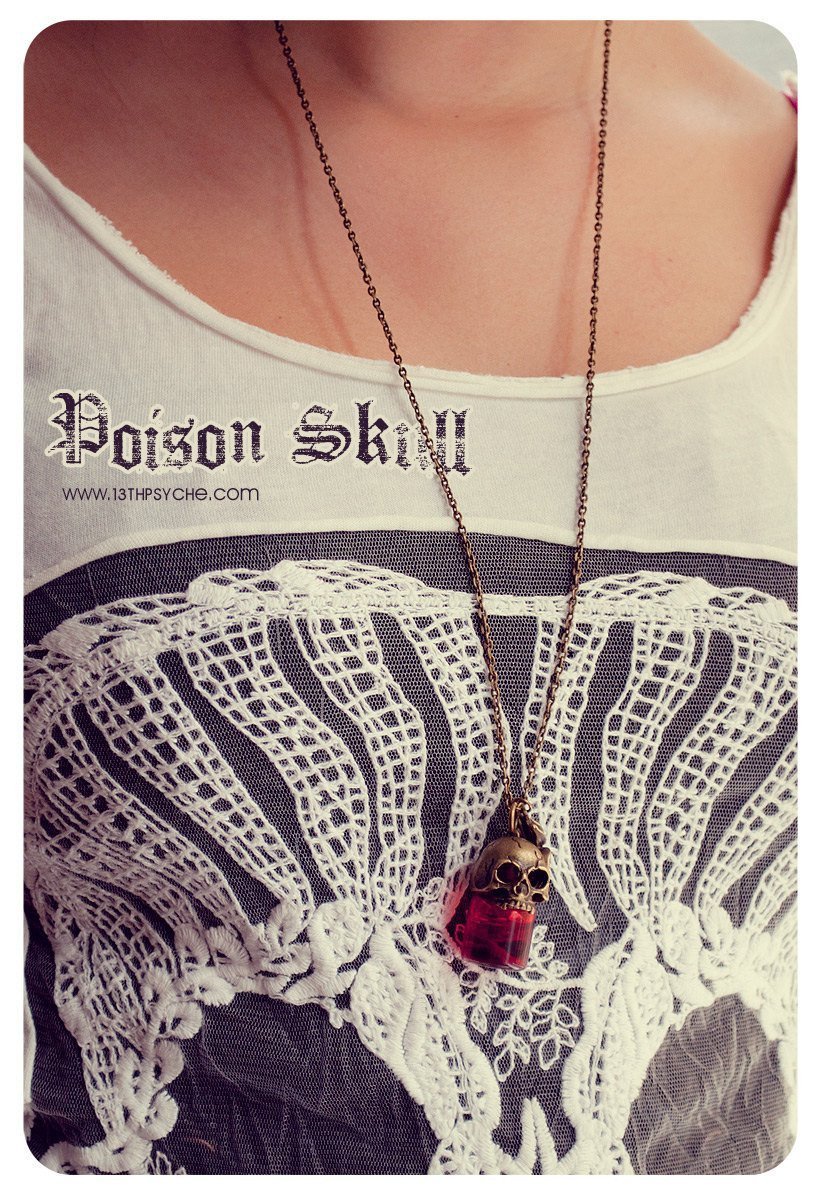 Handmade Gothic skull poison glass bottle pendant necklace - 13th Psyche