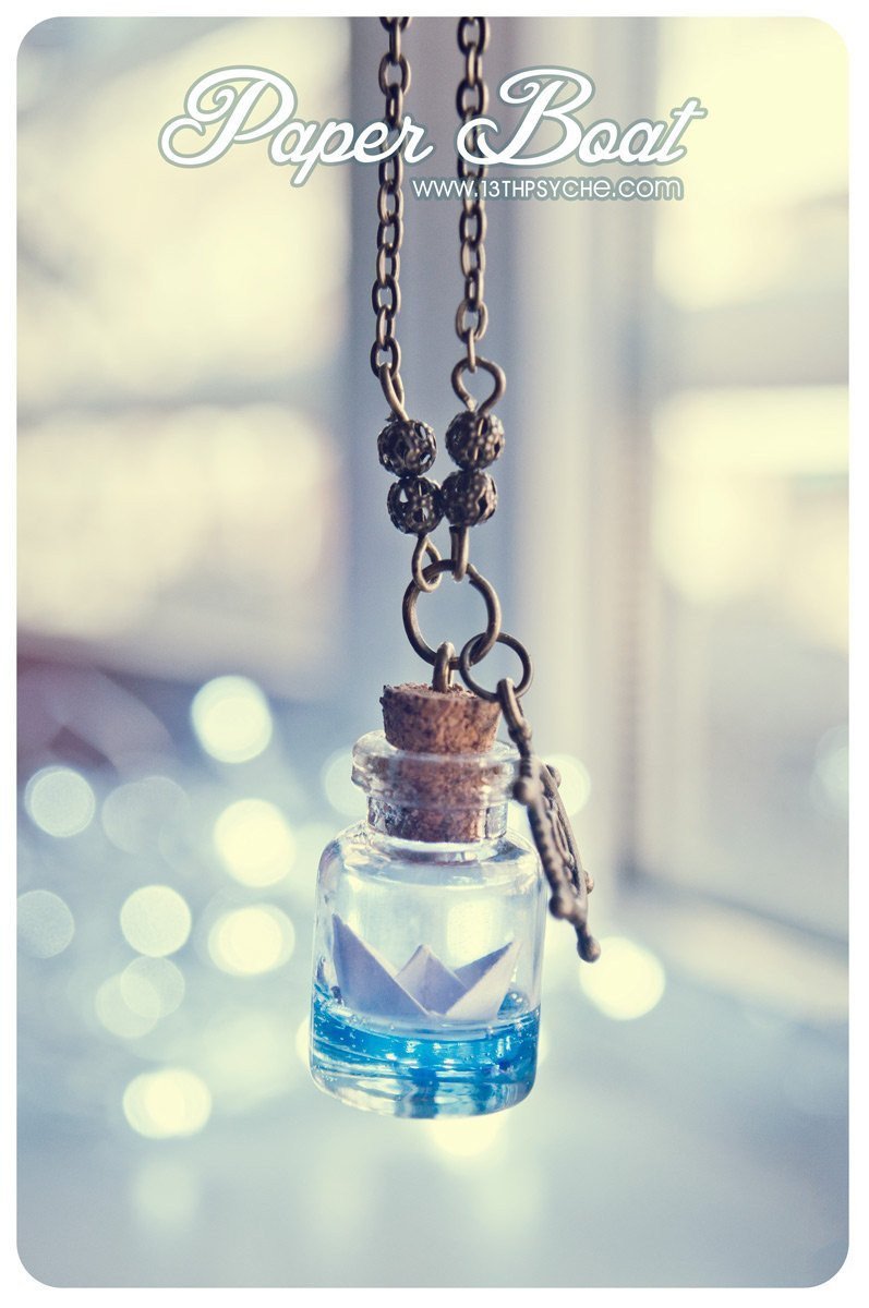 Handmade Origami paper boat bottle pendant necklace - 13th Psyche