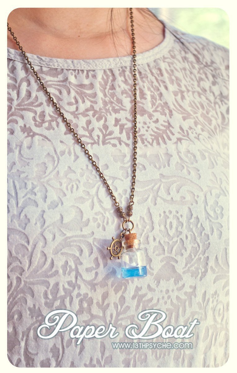Handmade Golden origami paper boat bottle pendant necklace - 13th Psyche