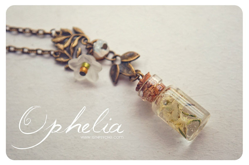Handmade Real yellow dried flowers in resin vial necklace - 13th Psyche