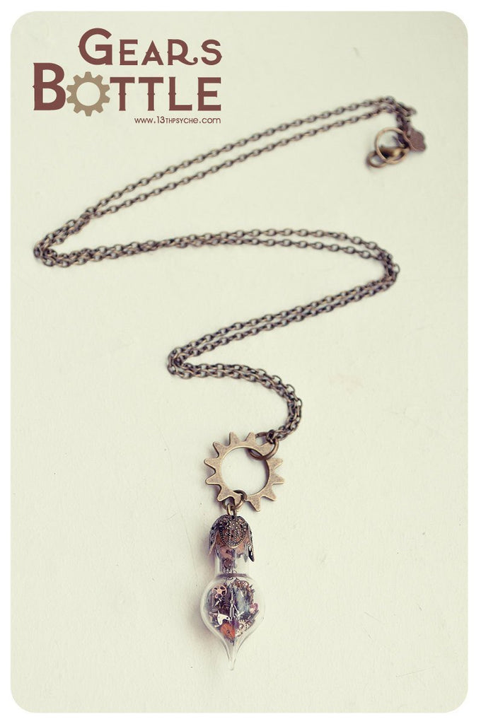 Handmade Steampunk gears teardrop vial pendant necklace - 13th Psyche