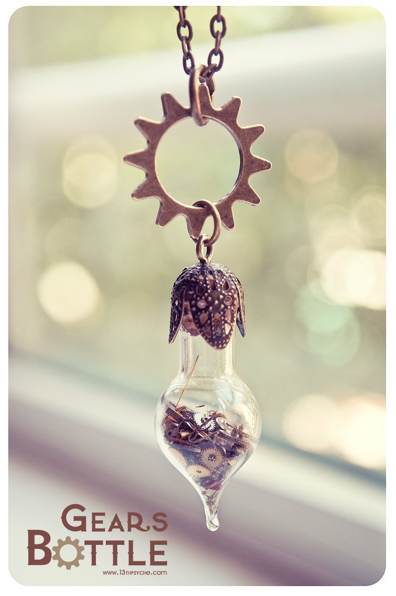 Handmade Steampunk gears teardrop vial pendant necklace - 13th Psyche