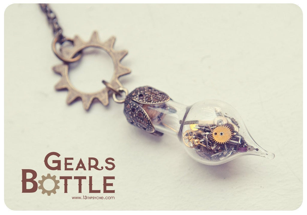 Handmade Steampunk gears teardrop vial pendant necklace - 13th Psyche