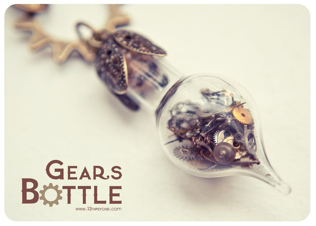 Handmade Steampunk gears teardrop vial pendant necklace - 13th Psyche