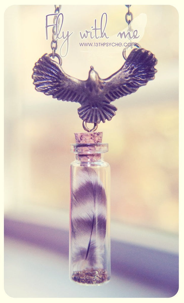 Handmade Real feather glass vial pendant necklace - 13th Psyche