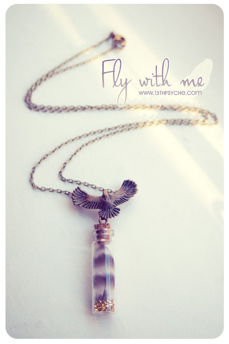 Handmade Real feather glass vial pendant necklace - 13th Psyche
