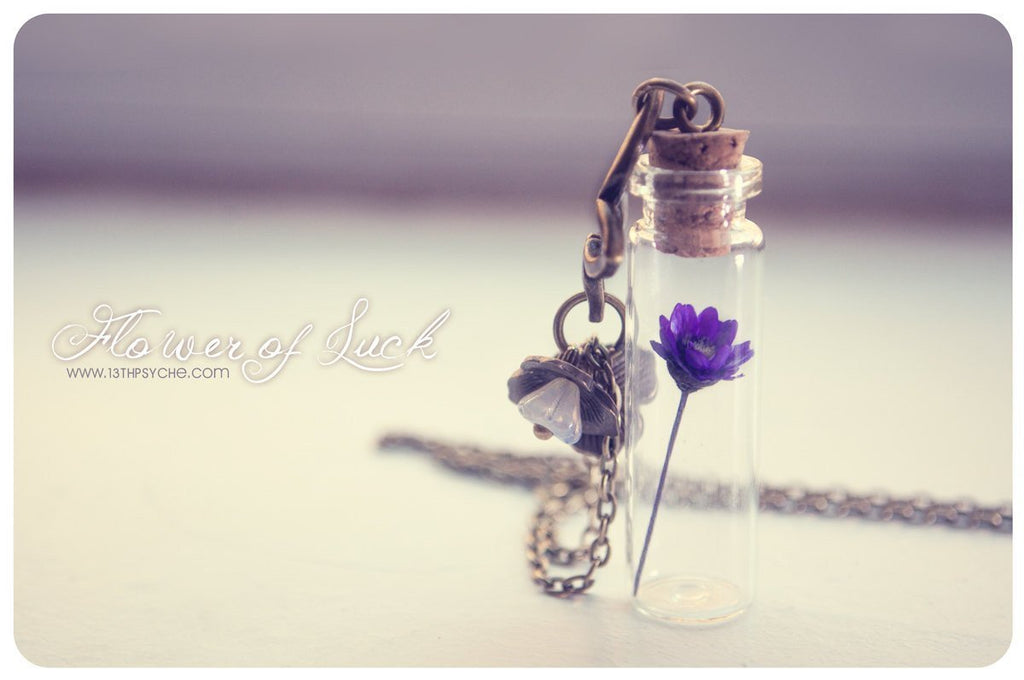 Handmade Tiny dried daisy flower bottle pendant necklace - 13th Psyche