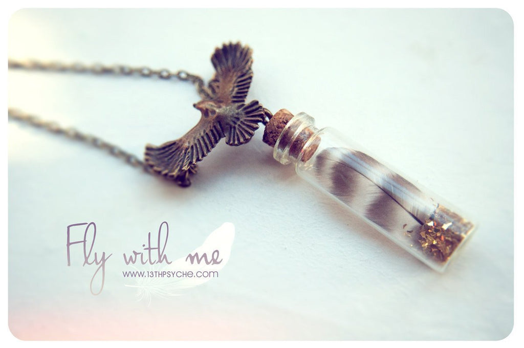 Handmade Real feather glass vial pendant necklace - 13th Psyche