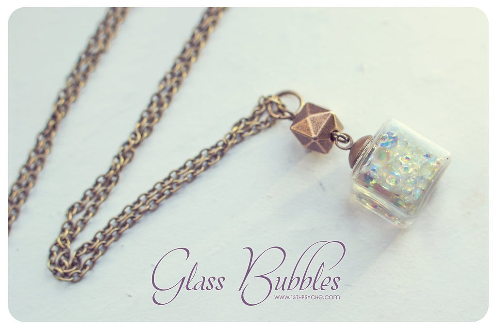 Handmade Iridescent bubbles glass cube pendant necklace - 13th Psyche