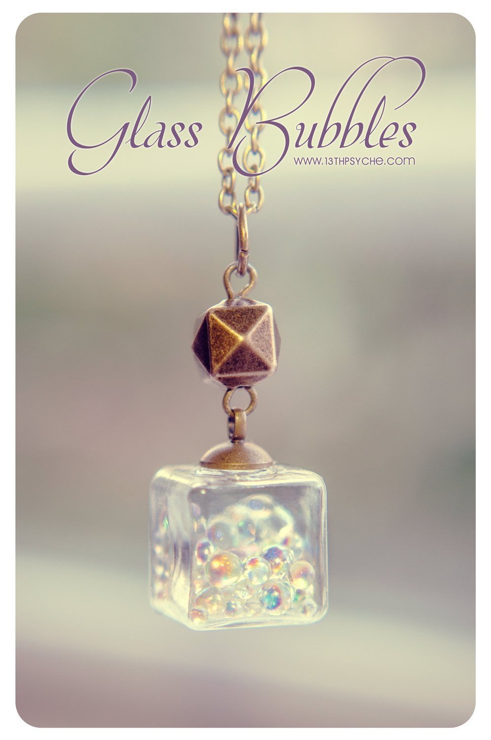 Handmade Iridescent bubbles glass cube pendant necklace - 13th Psyche