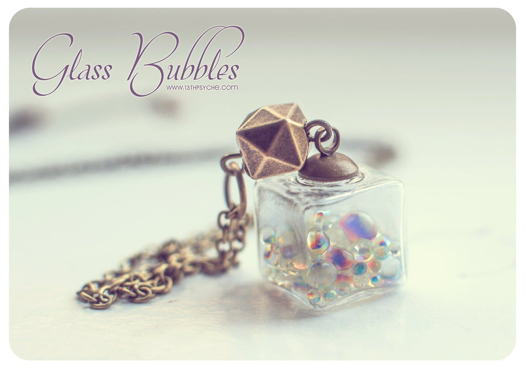 Handmade Iridescent bubbles glass cube pendant necklace - 13th Psyche
