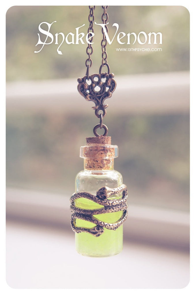 Handmade Glow in the dark, snake venom poison bottle pendant necklace - 13th Psyche