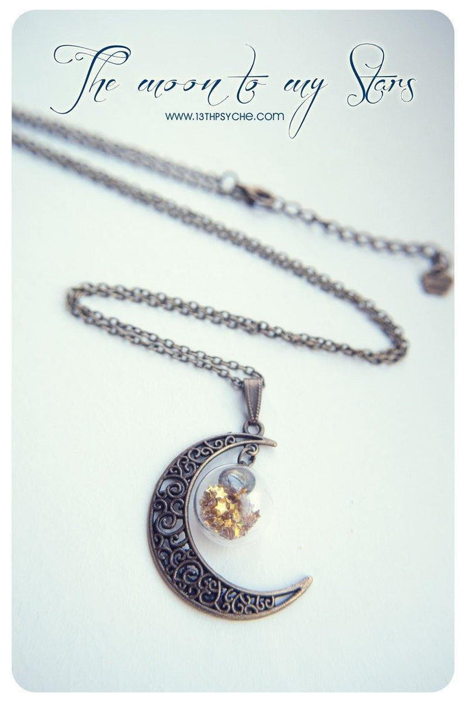 Handmade Bronze crescent moon globe necklace with glitter stars - 13th Psyche