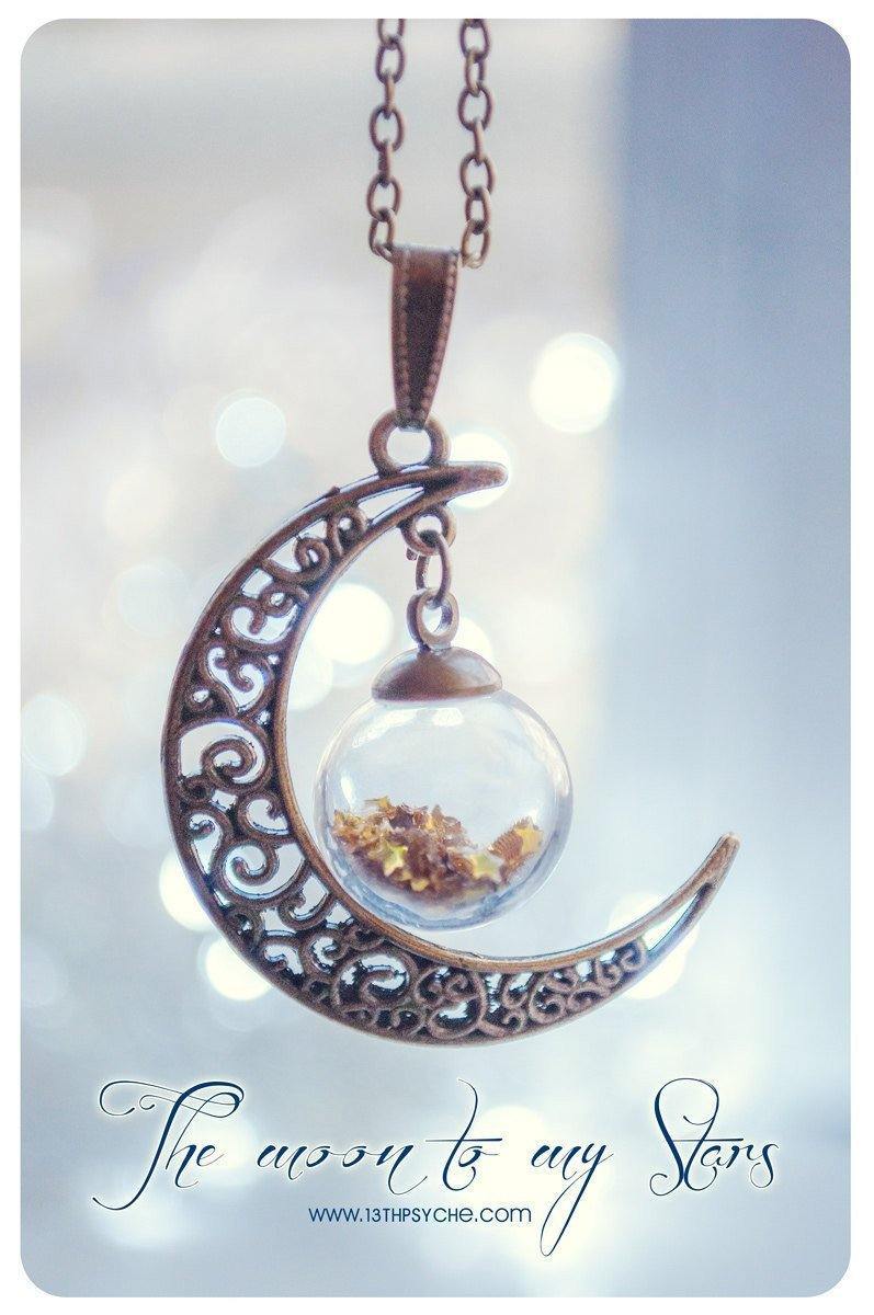 Handmade Bronze crescent moon globe necklace with glitter stars - 13th Psyche