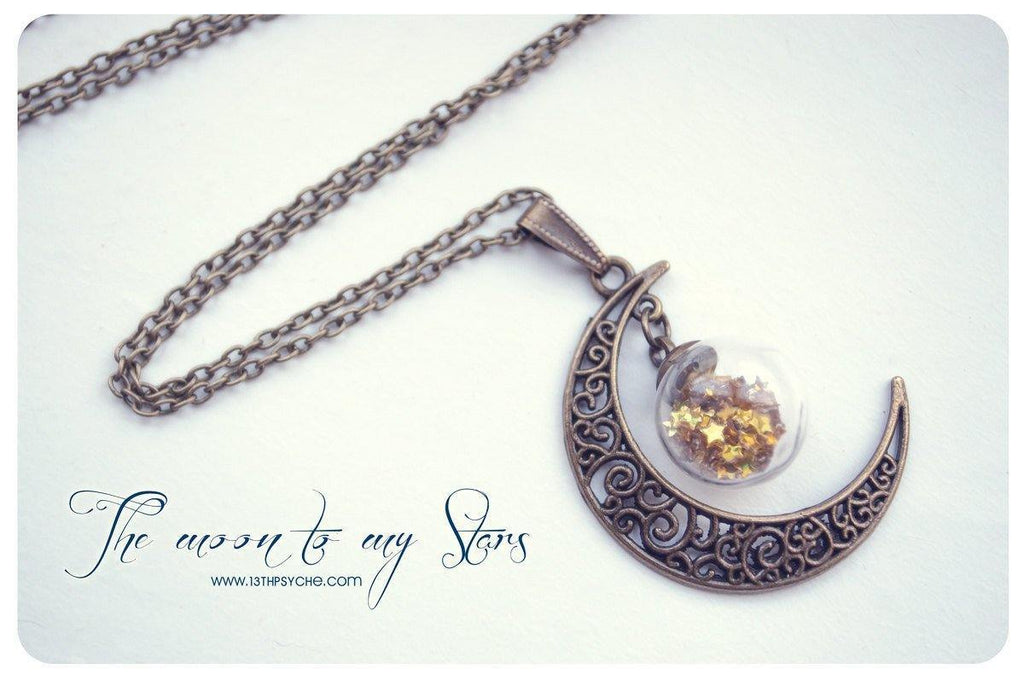 Handmade Bronze crescent moon globe necklace with glitter stars - 13th Psyche