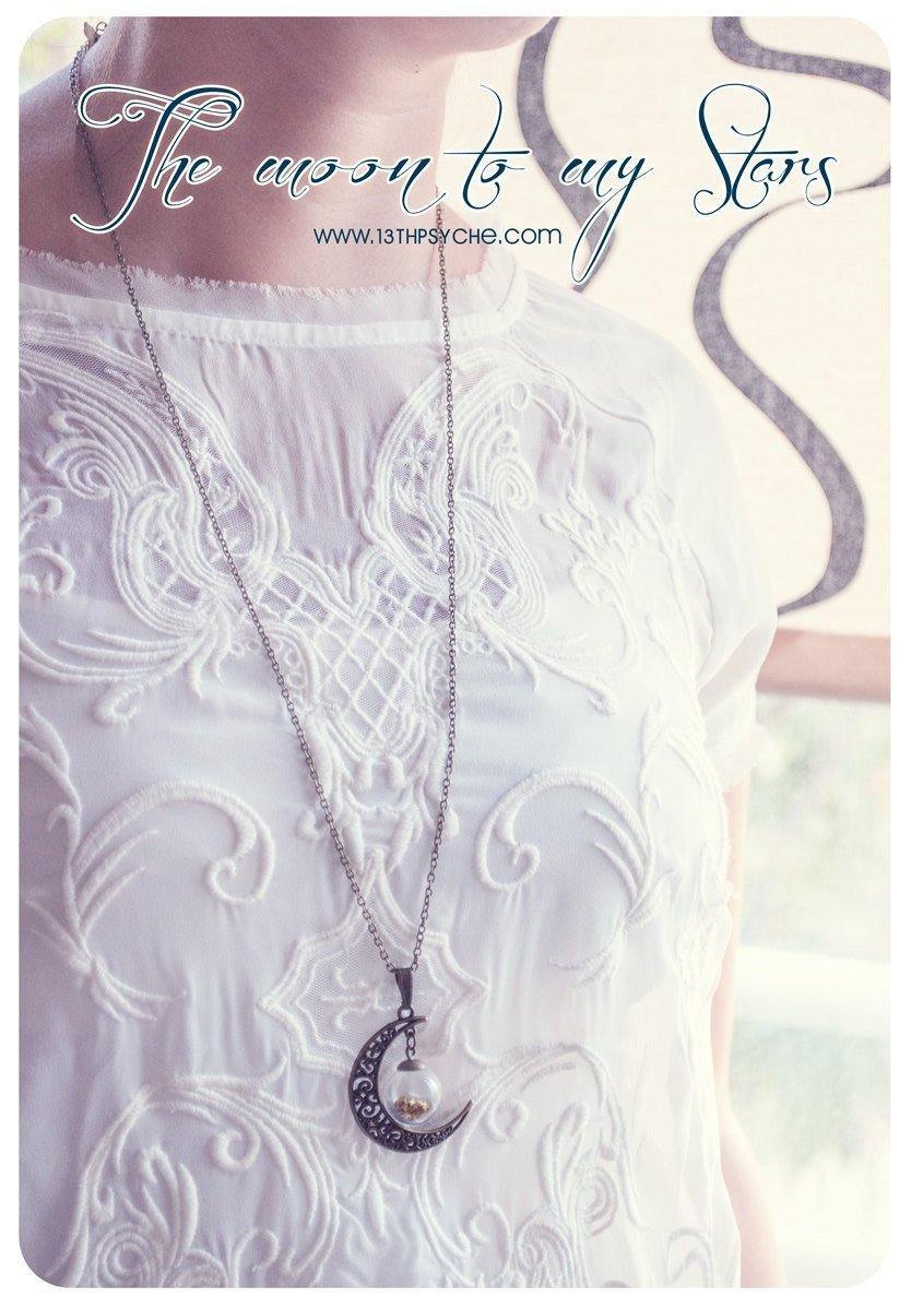 Handmade Bronze crescent moon globe necklace with glitter stars - 13th Psyche