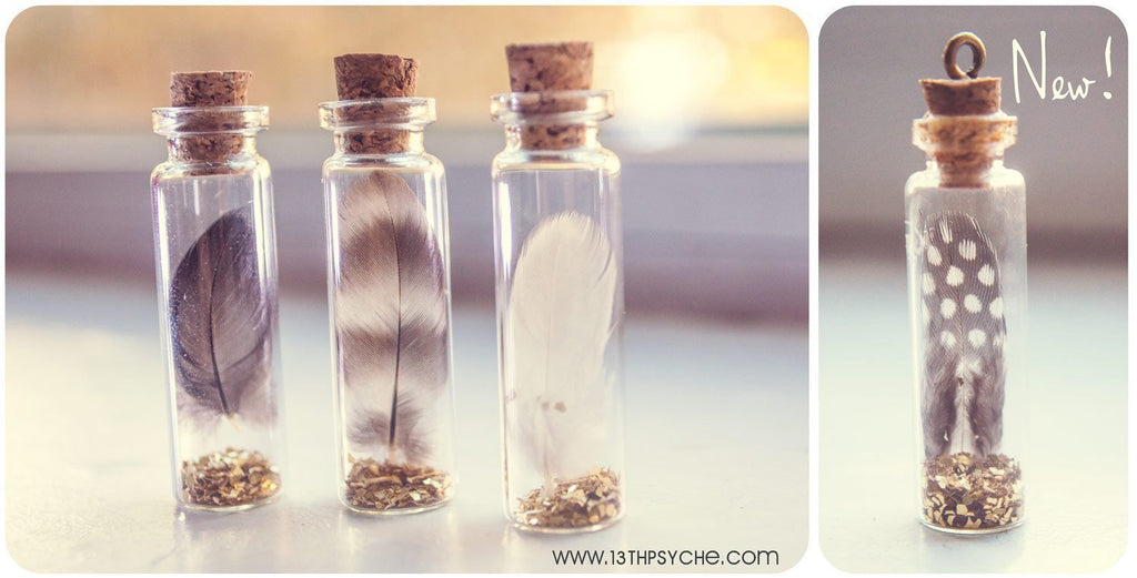 Handmade Real feather glass vial pendant necklace - 13th Psyche