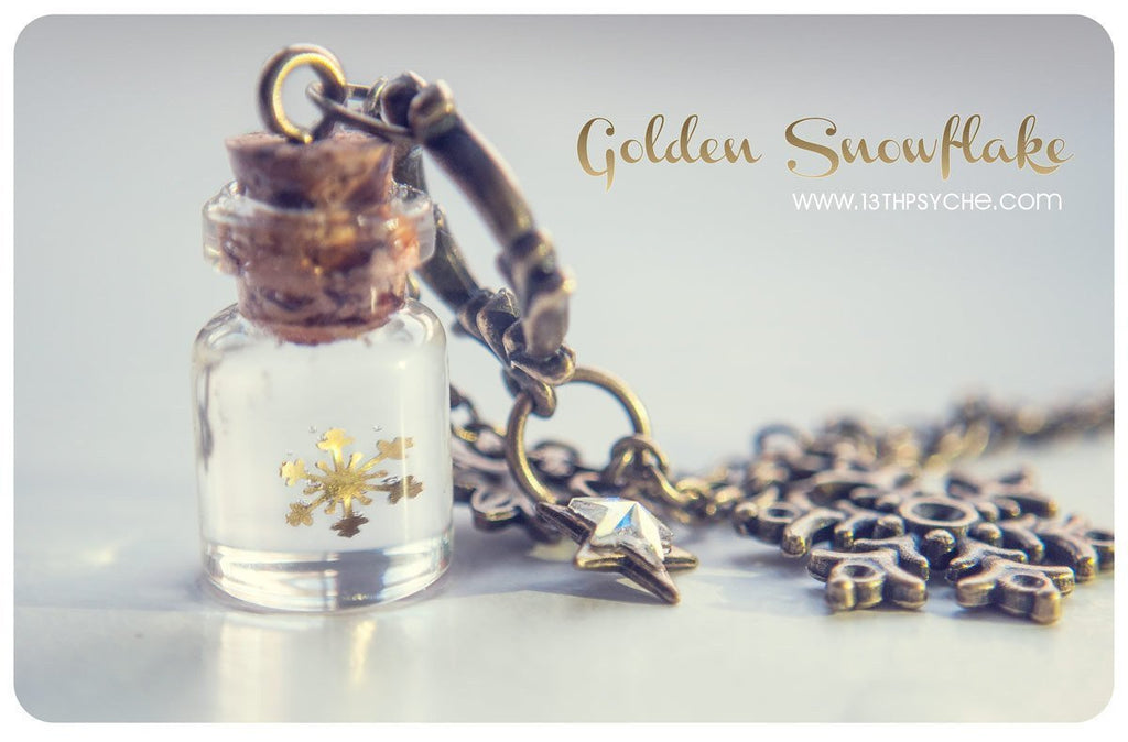 Handmade Golden snowflake glass bottle pendant necklace - 13th Psyche