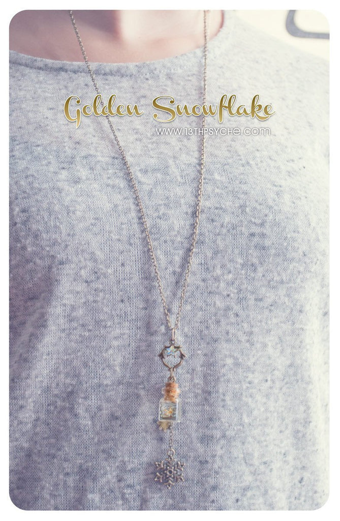 Handmade Golden snowflake glass bottle pendant necklace - 13th Psyche