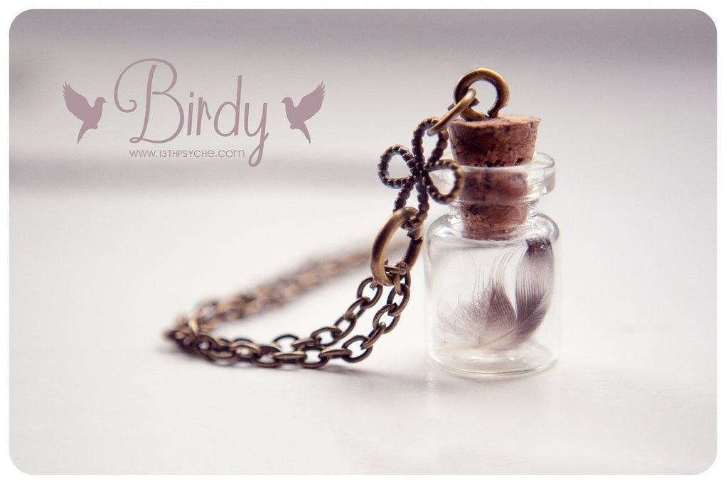 Handmade Tiny real feather vial pendant necklace - 13th Psyche