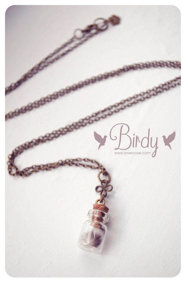 Handmade Tiny real feather vial pendant necklace - 13th Psyche