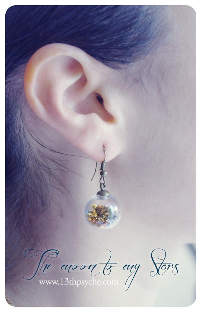 Handmade Custom glitter stars colour glass globe earrings - 13th Psyche