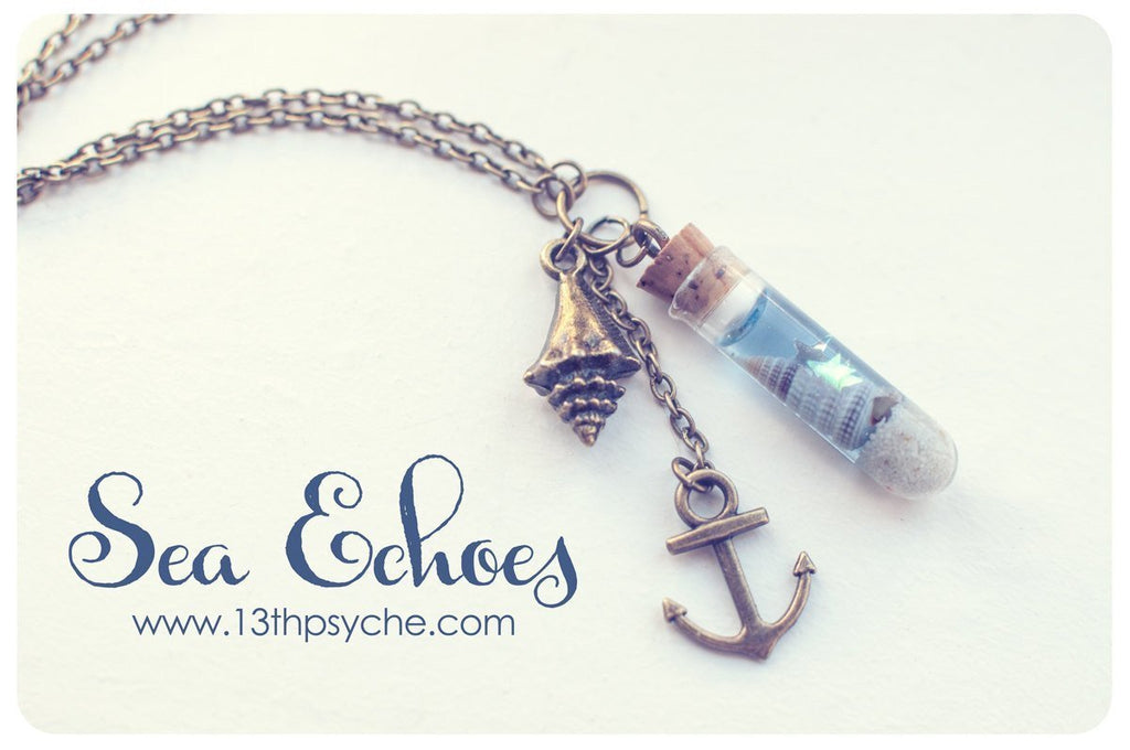Handmade Ocean and shell glass vial pendant necklace - 13th Psyche