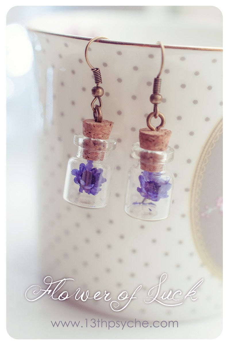 Handmade Real dried flower glass bottle earrings - 13th Psyche