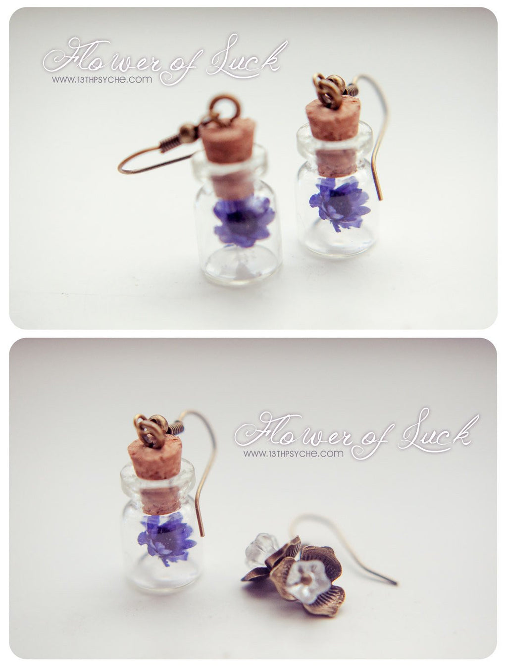 Handmade Real dried flower glass bottle earrings - 13th Psyche