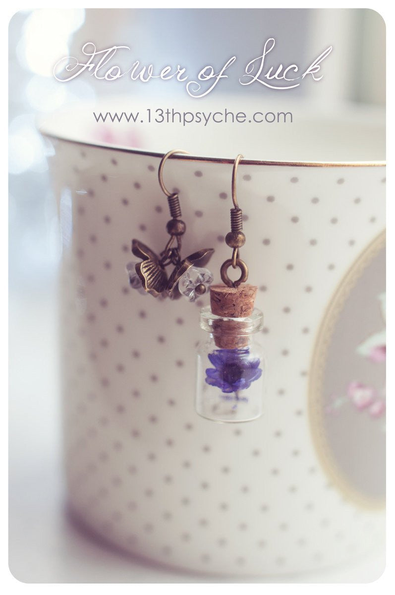 Handmade Real dried flower glass bottle earrings - 13th Psyche