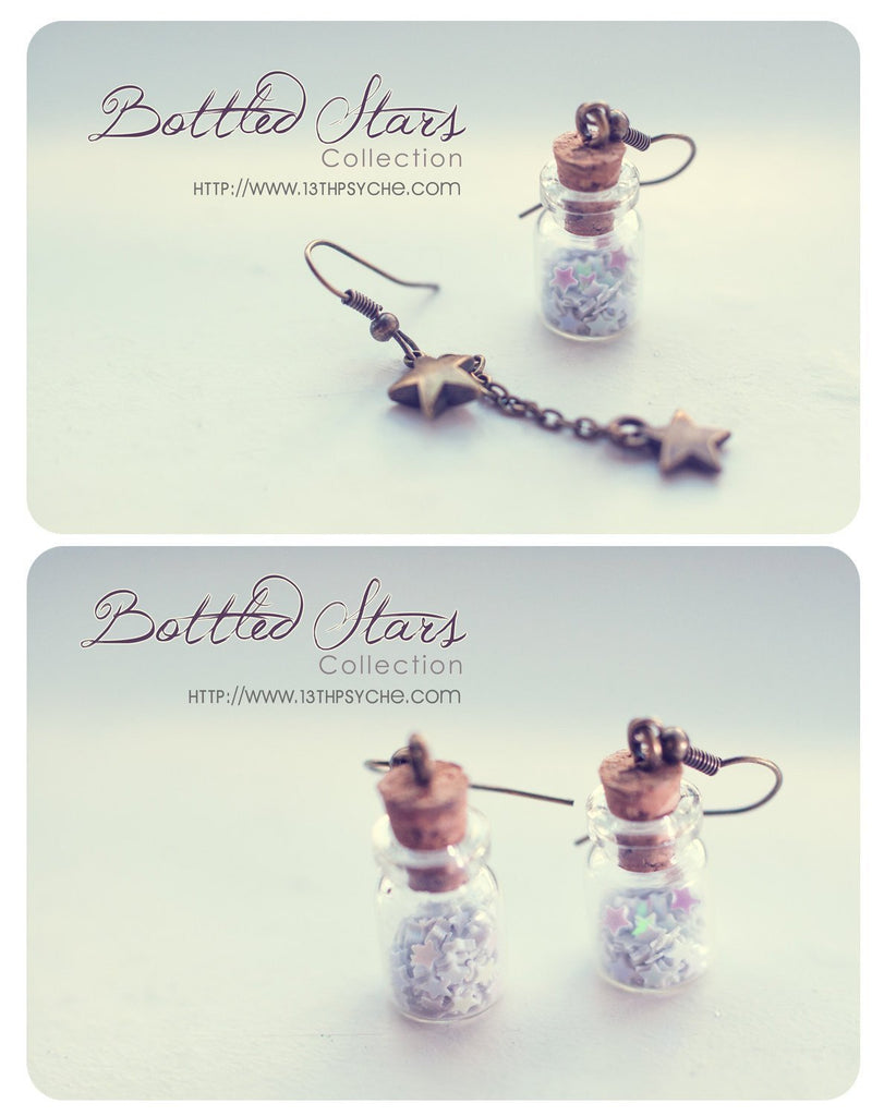 Handmade Glitter stars glass bottle earrings - 13th Psyche
