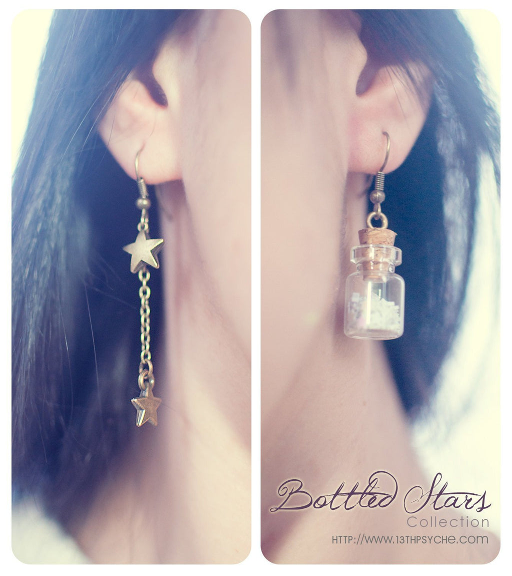 Handmade Glitter stars glass bottle earrings - 13th Psyche